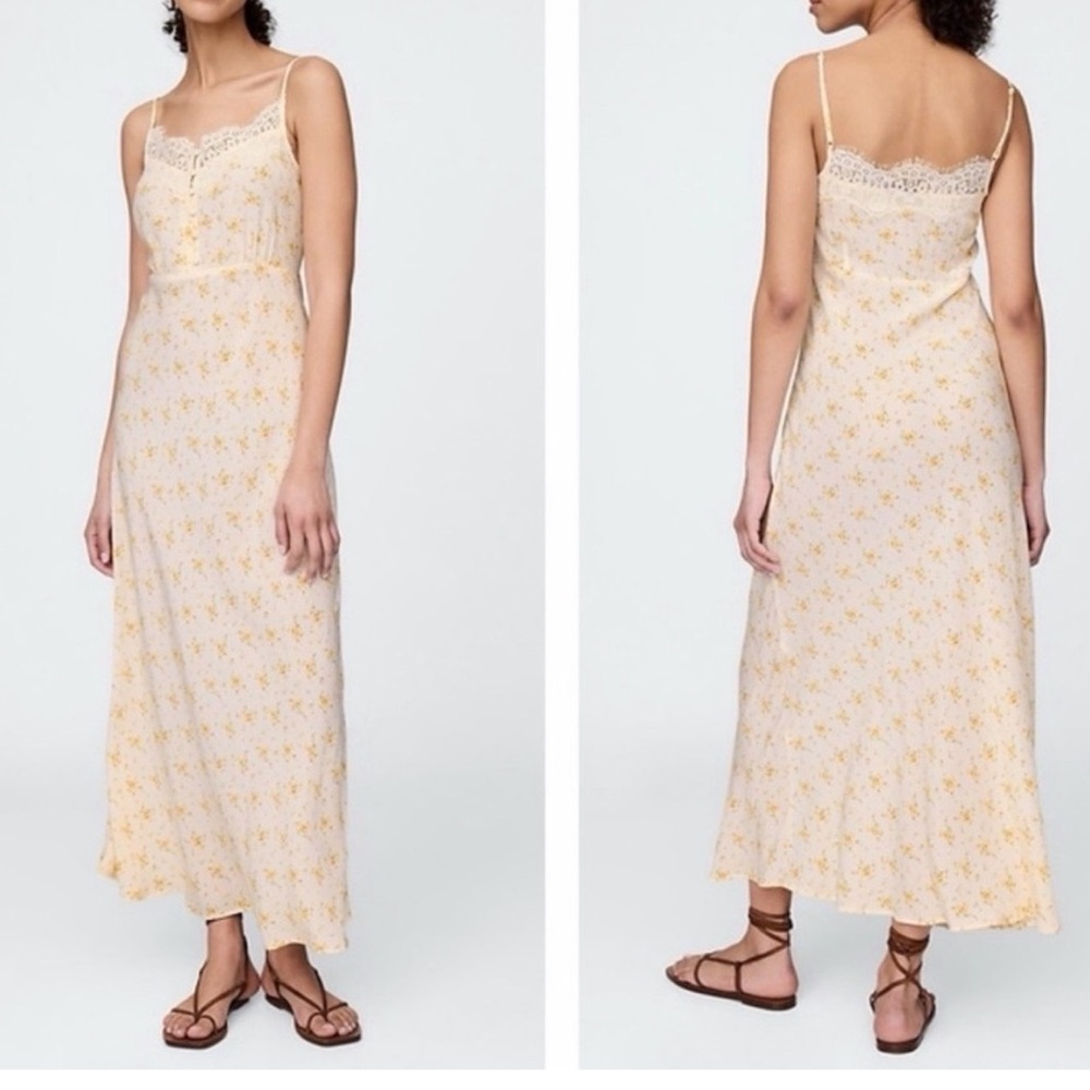 GAP Cream Maxi Slip Dress with Yellow Floral Lace Trim